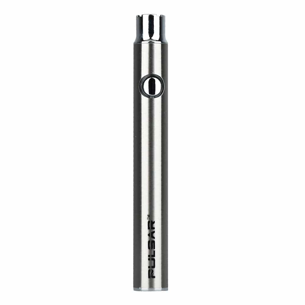 Straight-on view of a silver cylindrical Pulsar Vv Battery W/ Preheat | 350Mah standing upright on a white background, showing its single round power button and vertical logo.