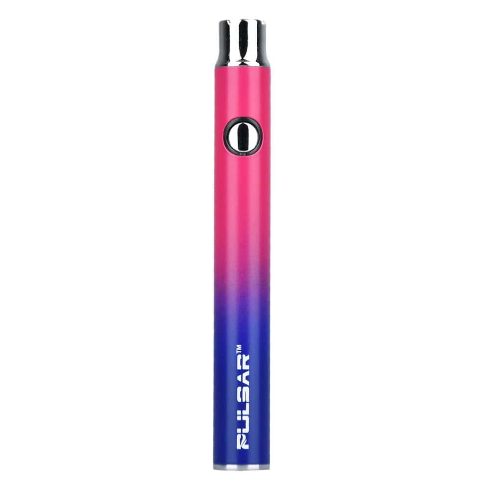 Straight-on view of the Pulsar Vv Battery W/ Preheat | 350Mah showing its pink-to-blue gradient tube, centered metal button, and chrome mouthpiece.