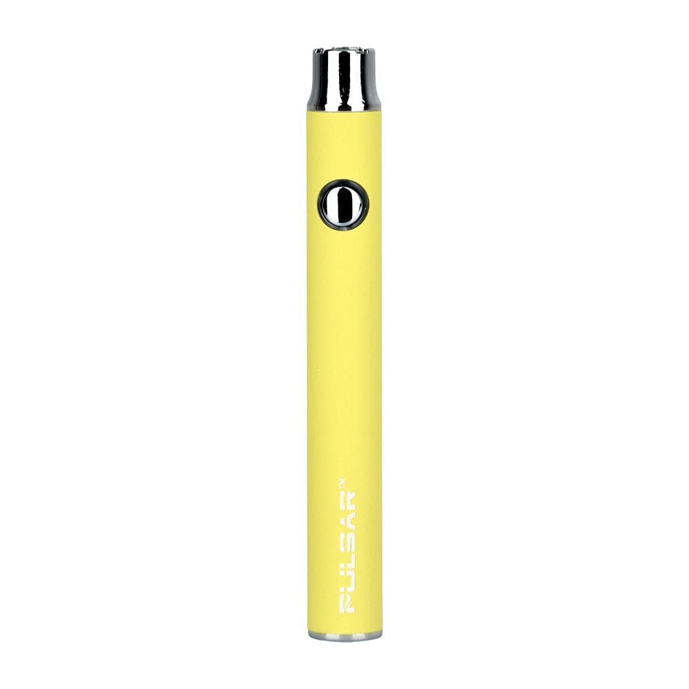 Centered front view of the yellow Pulsar Vv Battery W/ Preheat | 350Mah standing upright against a white background, showing its chrome top, round power button, and subtle white logo.