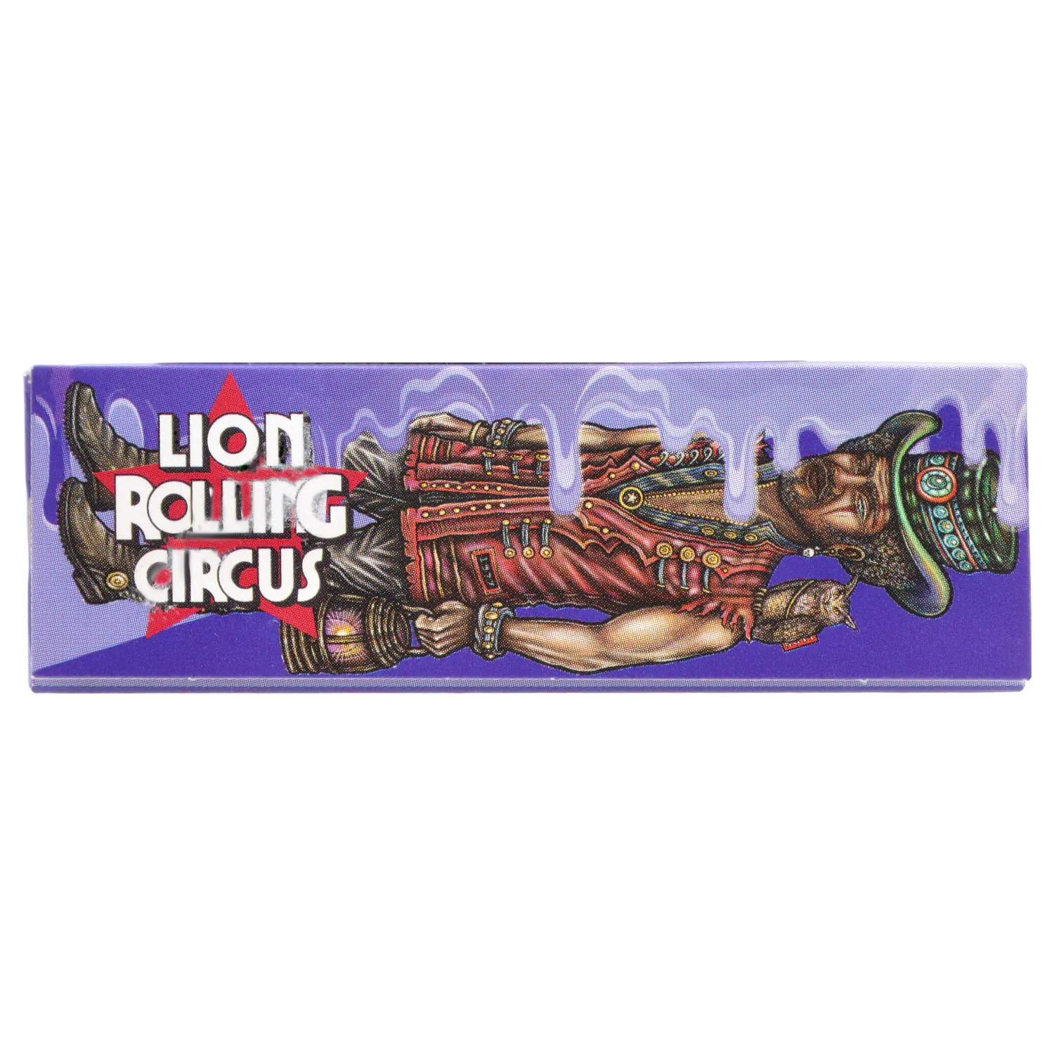 Horizontal front-facing view of a purple pack featuring "LRC Flavored Rolling Papers 1 1/4 - Assorted Flavors" with a stylized circus performer stretched across the design and bold white text over a red star.