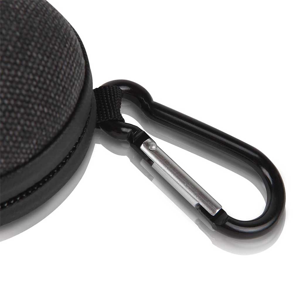 Close-up of a textured black Ryot Hardcase showing its zippered edge and attached black metal carabiner on a white background.
