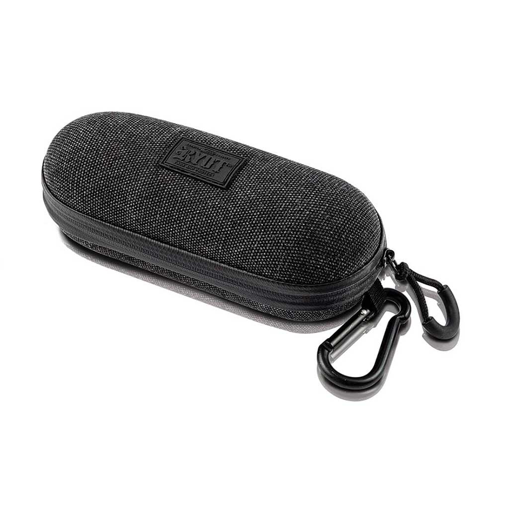 Angled top-down view of a black Ryot Hardcase with textured fabric exterior, visible zipper and two attached black carabiner clips.