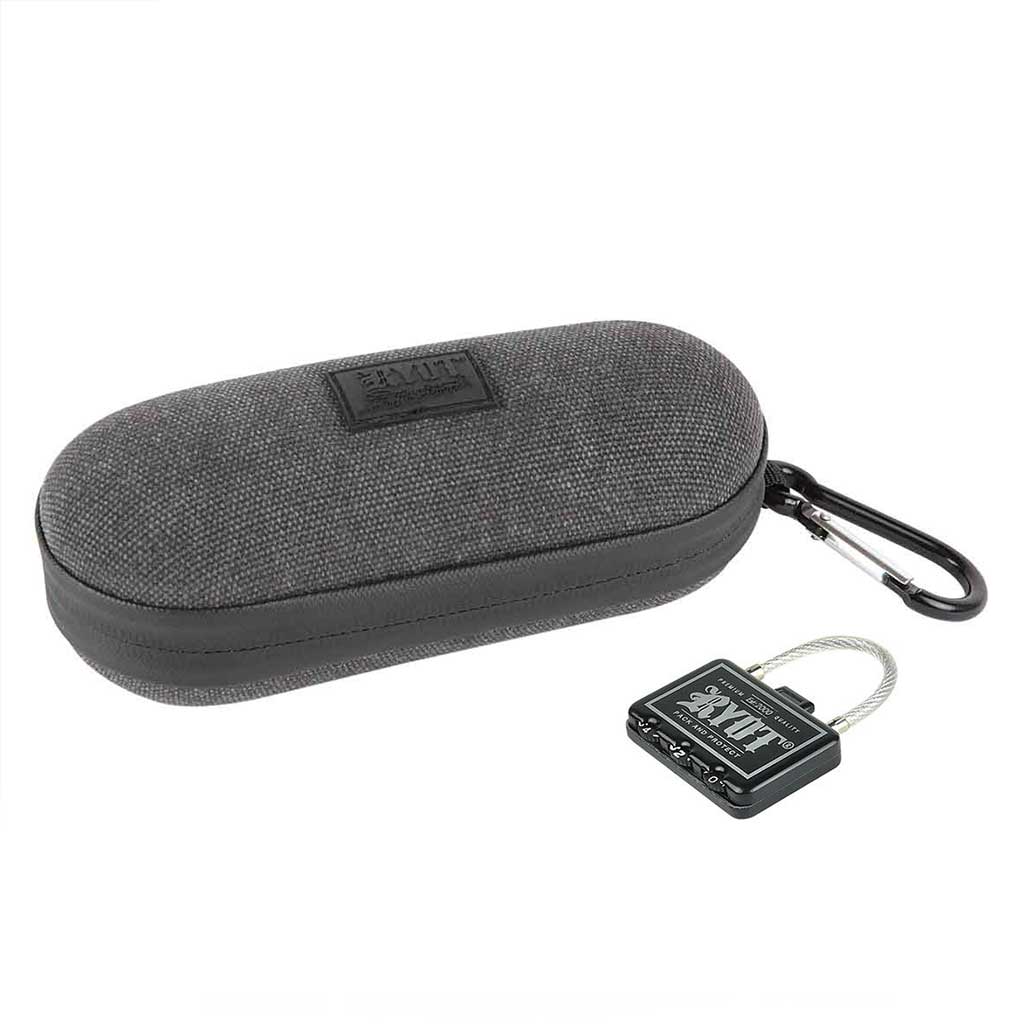 Angled top view of a gray fabric Ryot Hardcase with a black zipper and carabiner, shown beside a small black combination lock.