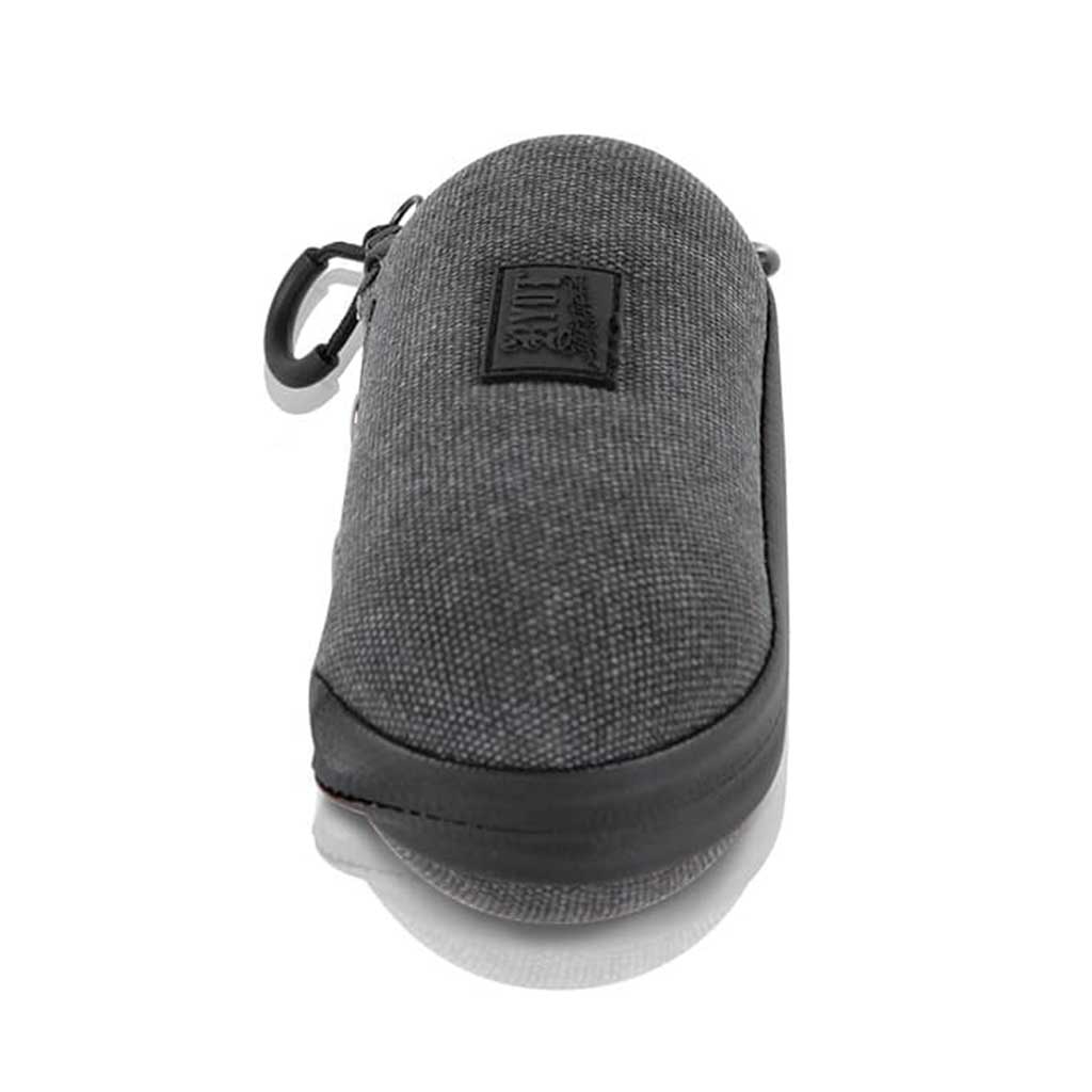 Front-angle shot of the gray fabric Ryot Hardcase with a rounded top, rubberized base, and attached carabiner clip.