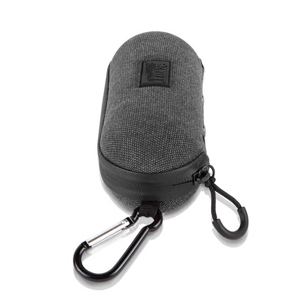 Angled top-down view of a gray fabric Ryot Hardcase with a black zipper, attached carabiner and loop on a white background