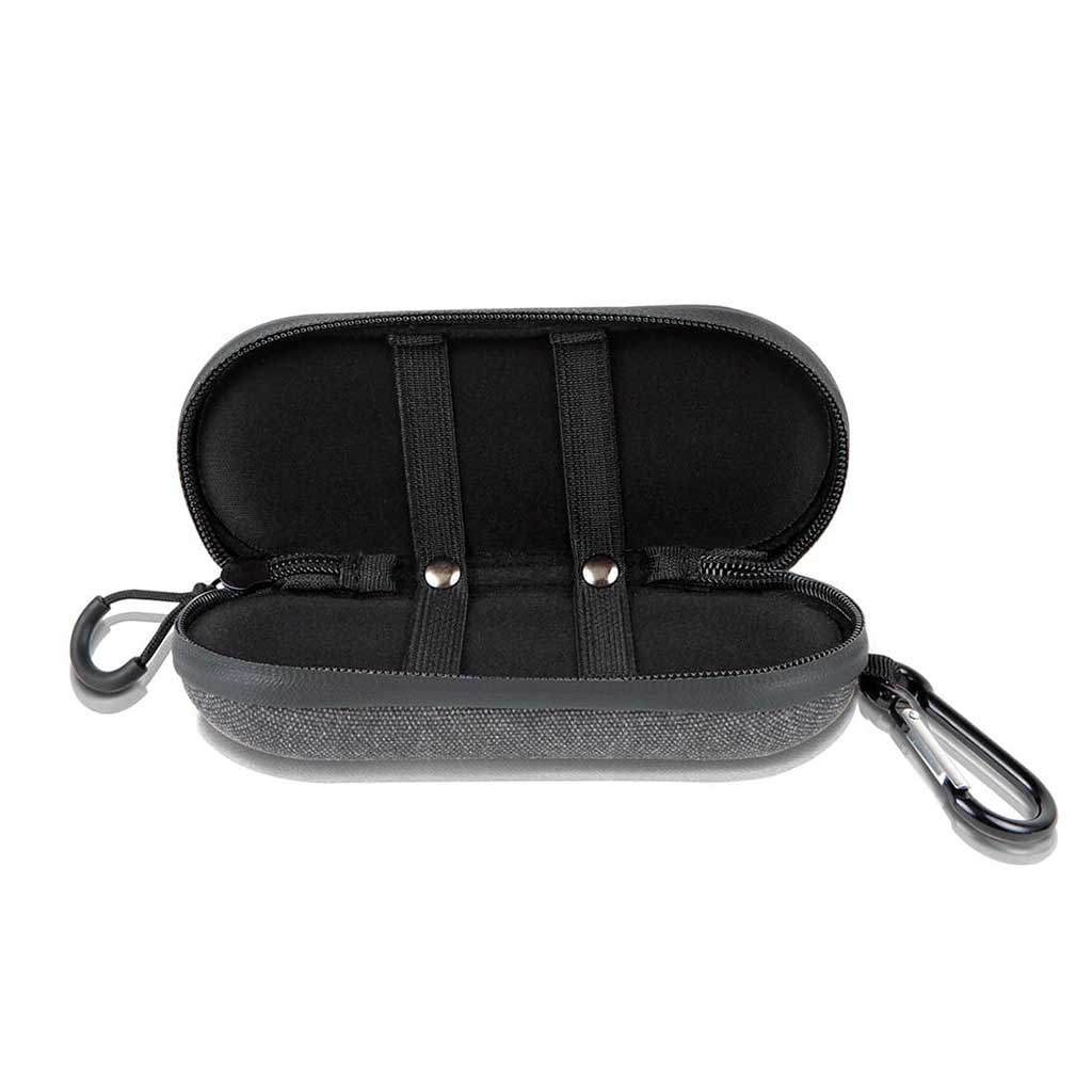 Front view of an open Ryot Hardcase showing its black padded interior, elastic straps with snap buttons, and attached carabiner on a white background
