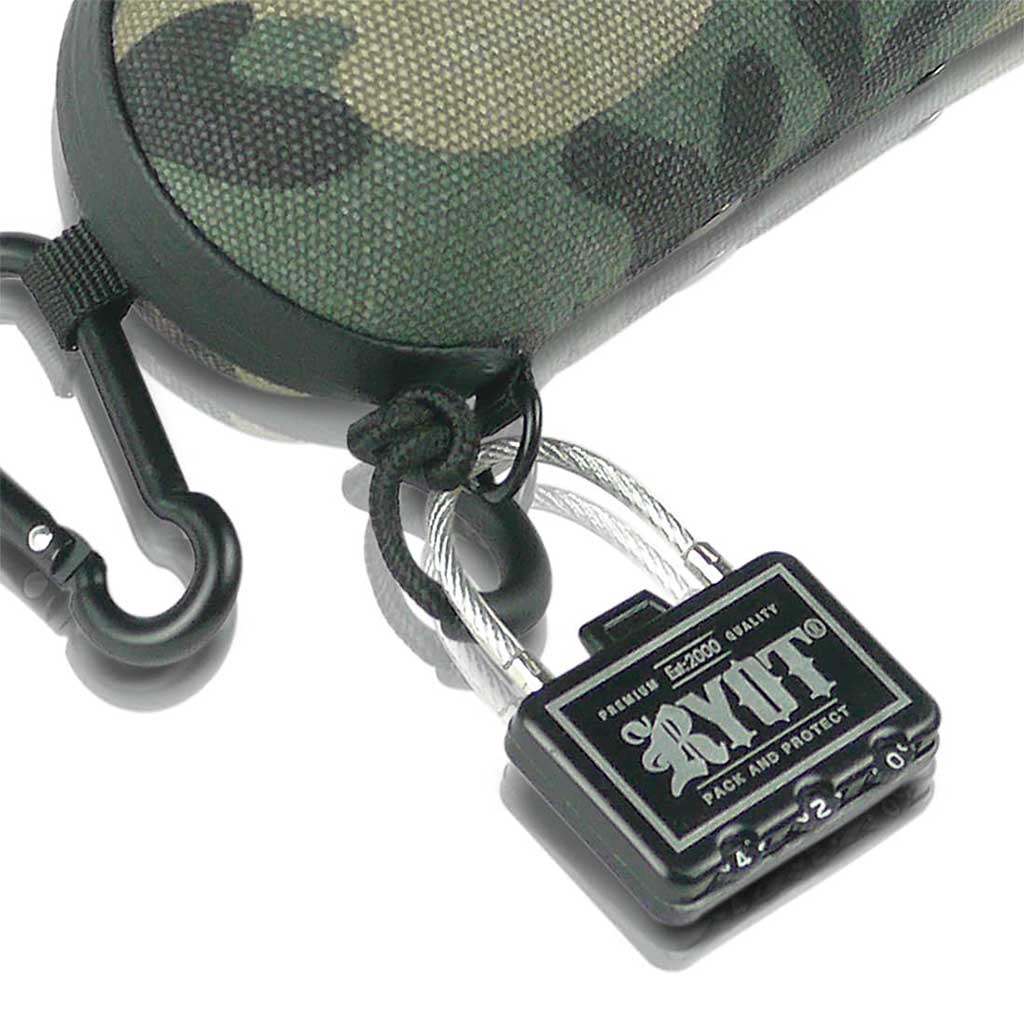 Close-up of a camo Ryot Hardcase corner with attached black carabiner and coiled cable lock labeled "Ryot."
