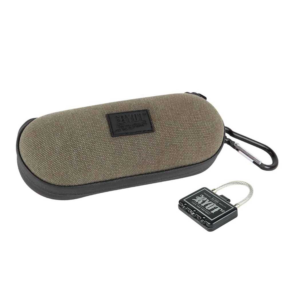 Angled front view of a khaki fabric Ryot Hardcase with a black zipper and carabiner, shown beside a small black combination cable lock.