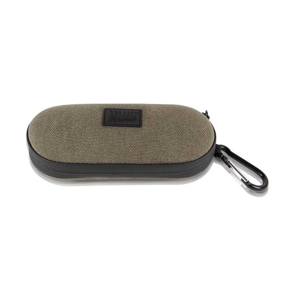 Front-facing shot of a khaki fabric Ryot Hardcase with black trim and attached carabiner on a white background