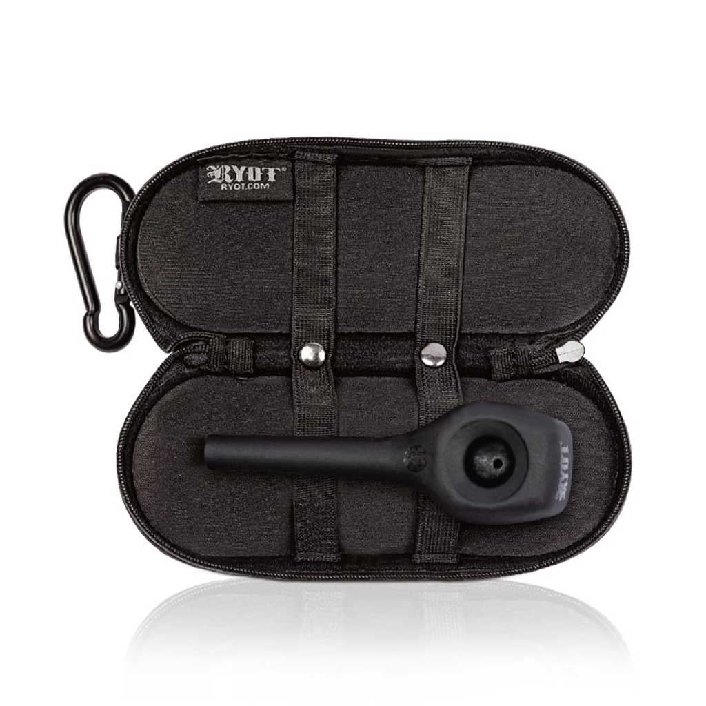 Top-down view of a black Ryot Hardcase opened to show its padded interior and a matte black pipe secured by elastic straps.