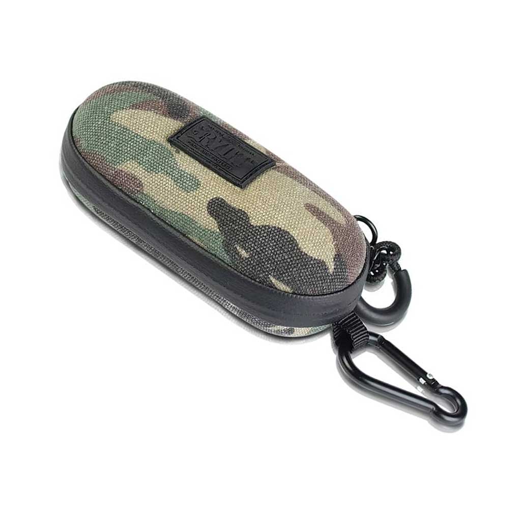 Angled top-down view of an olive camouflage Ryot Hardcase with a rounded zippered shell and black carabiner clip.