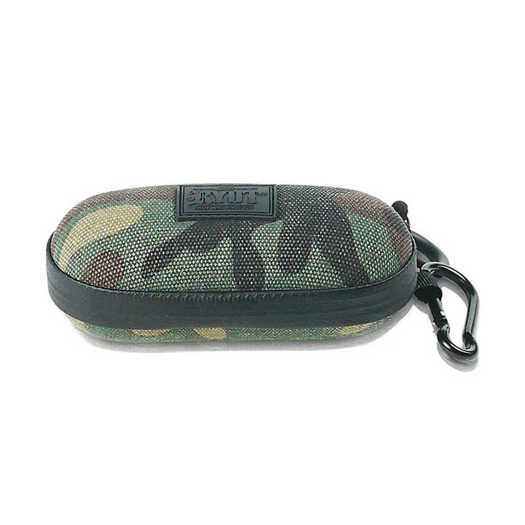 Low front view of a camo Ryot Hardcase with textured fabric, black zipper trim and attached carabiner on a white background