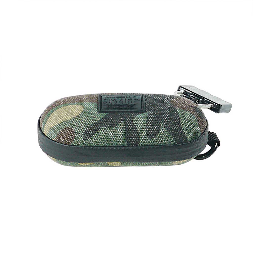 Low-angle front view of a camo Ryot Hardcase with textured fabric, black trim, and a metal clip attached to the zipper.