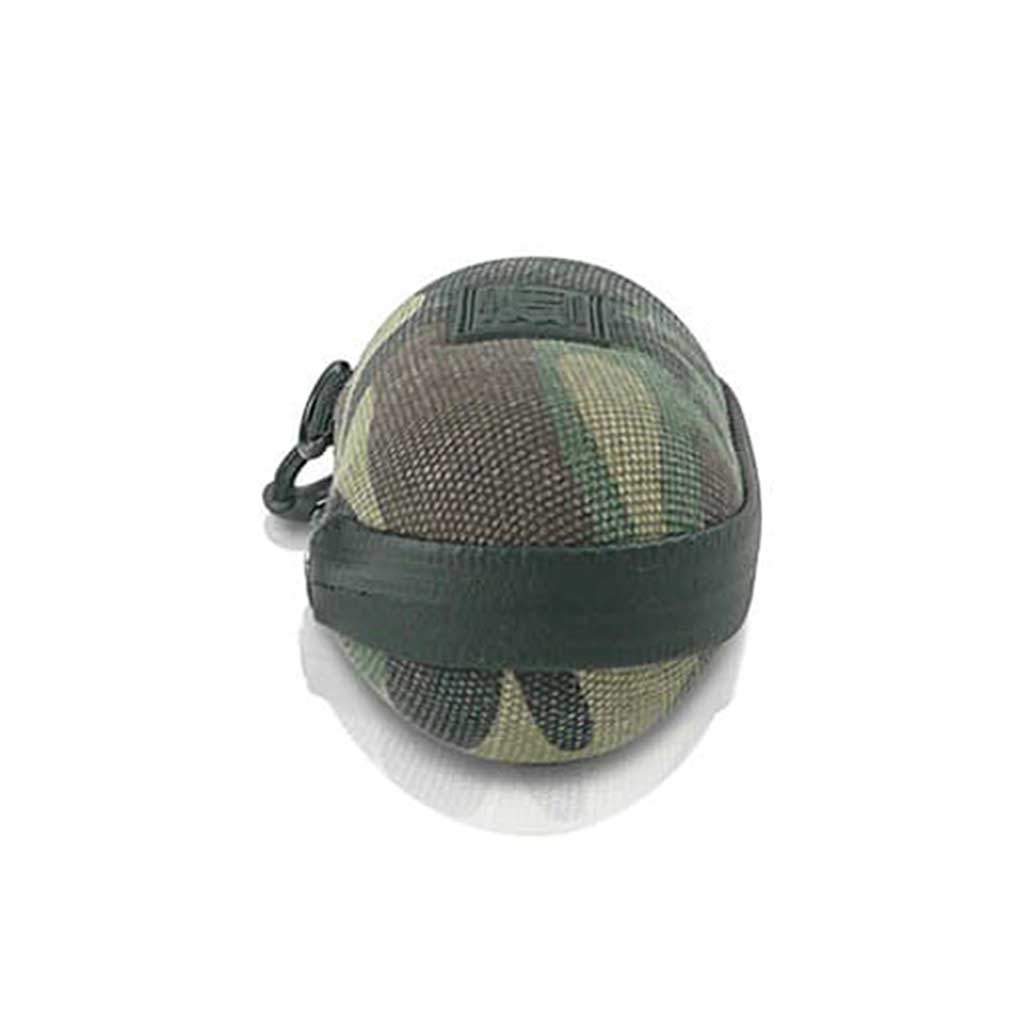 Front-facing close-up of a camouflage fabric Ryot Hardcase showing its rounded zippered end, stitched trim, and clipped loop on a white background