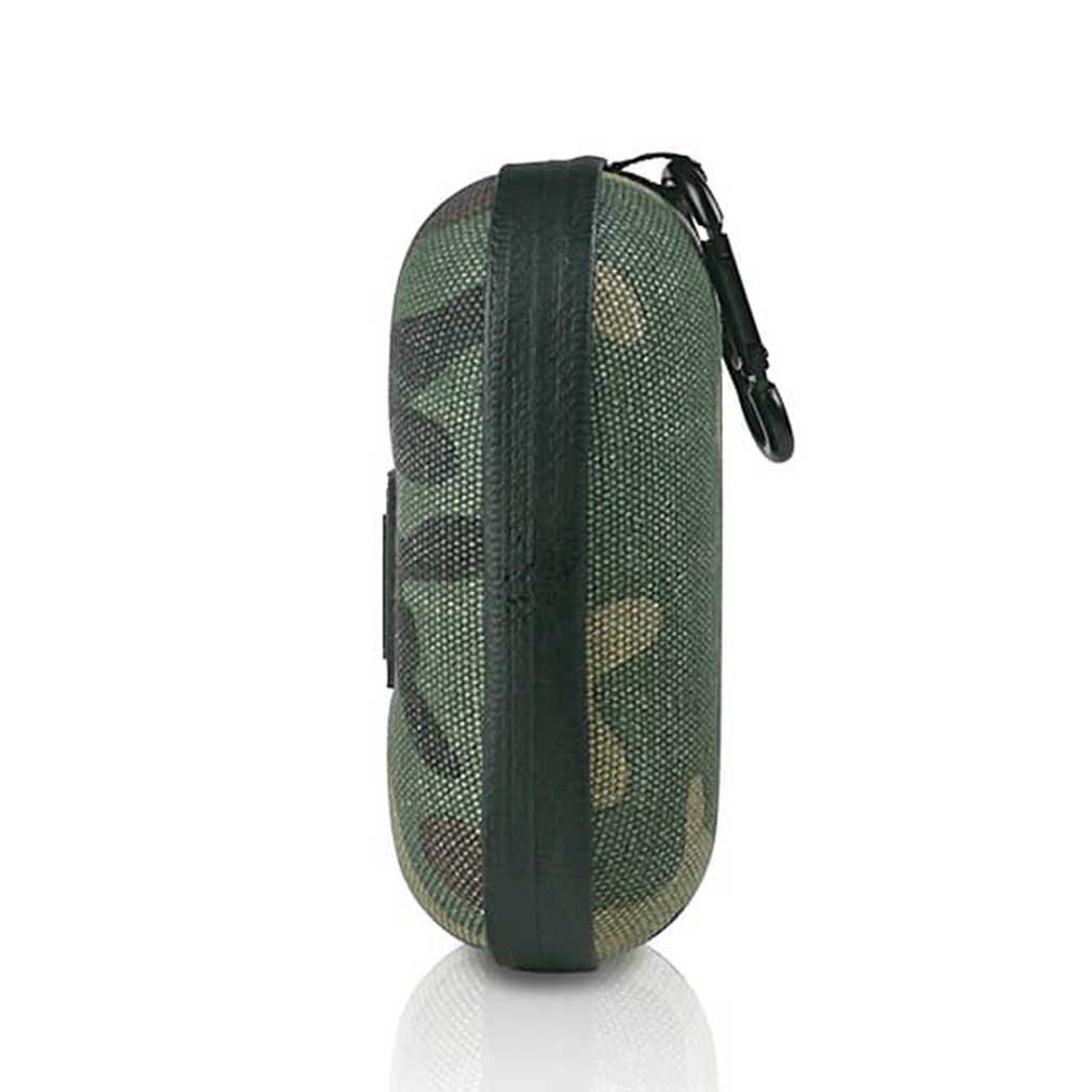 Side view of a camo-patterned Ryot Hardcase standing upright with a centered zipper and a black carabiner clipped at the top.