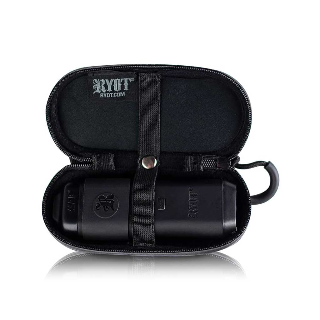 Top-down view of an open Ryot Hardcase showing a black cylindrical item secured by a central strap against the soft-lined interior.