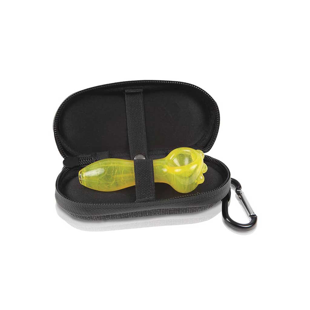 Open view of a small tan Ryot Hardcase with its zipper open, showing a yellow glass pipe secured by an interior elastic strap.