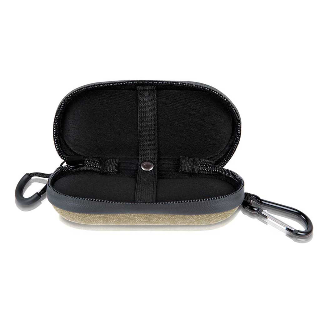 Front-facing open Ryot Hardcase showing black padded interior, central elastic strap with snap, and a carabiner clip on a white background