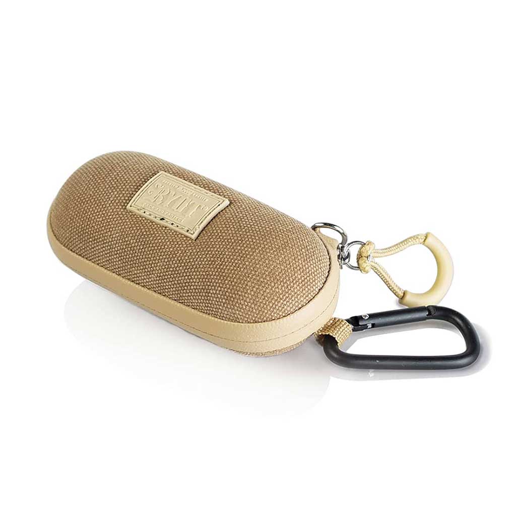 Angled close-up of a tan woven Ryot Hardcase with a leather trim, metal clip and black carabiner on a white background