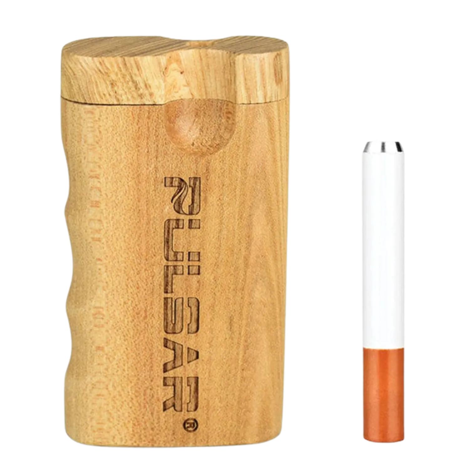 Close-up front view of a light wood Pulsar Pistol Grip Twist Top Dugout beside a white-and-copper metal bat, showing finger grooves and the branded engraving.