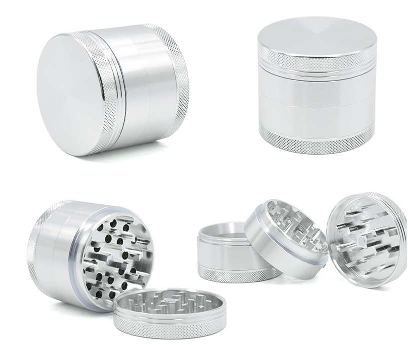 Top-down and angled product shots of a silver 4-Piece Aluminum Grinder showing closed and disassembled views.