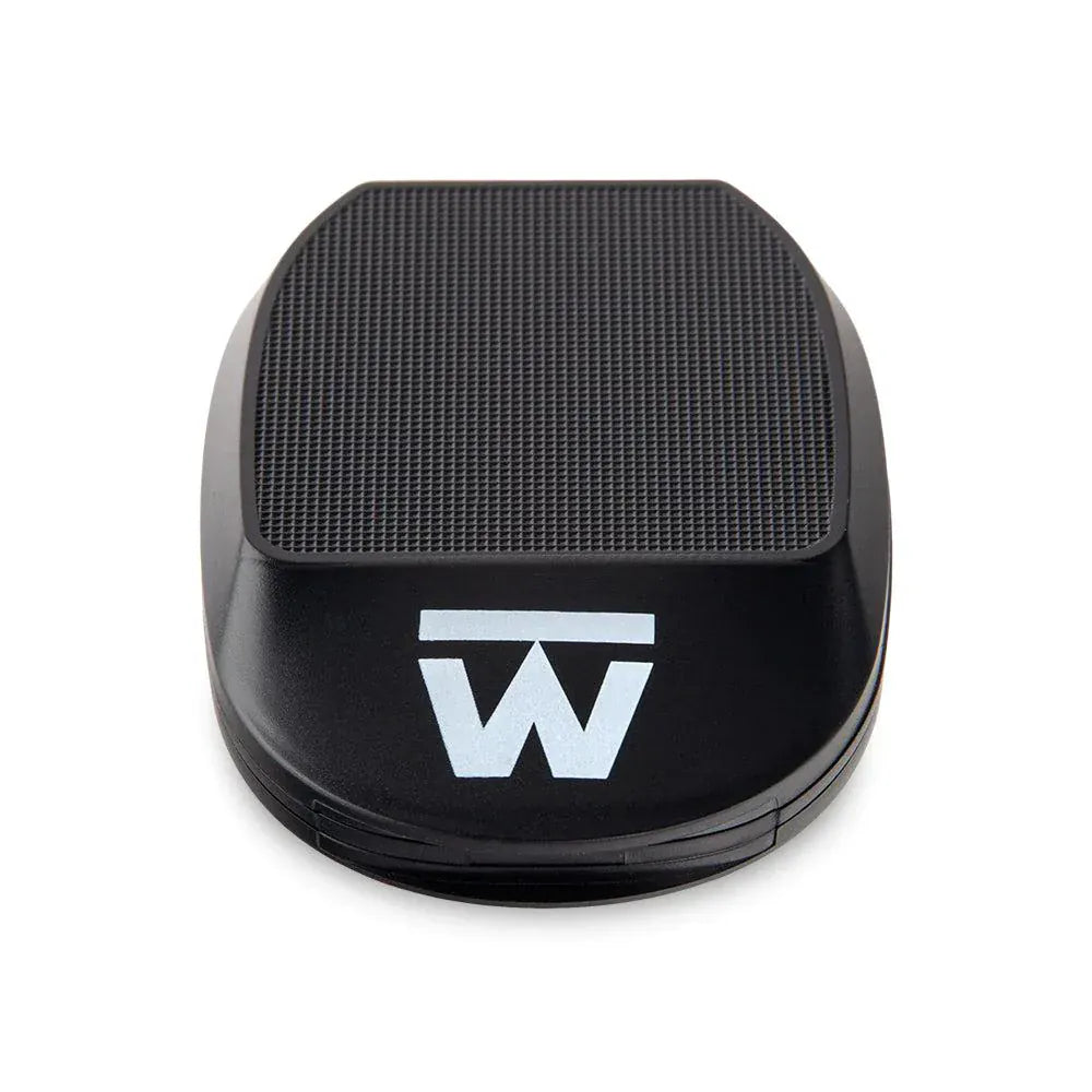Close-up front view of the black Truweigh Sonic Scale showing its textured weighing pad and white "W" logo on a white background.