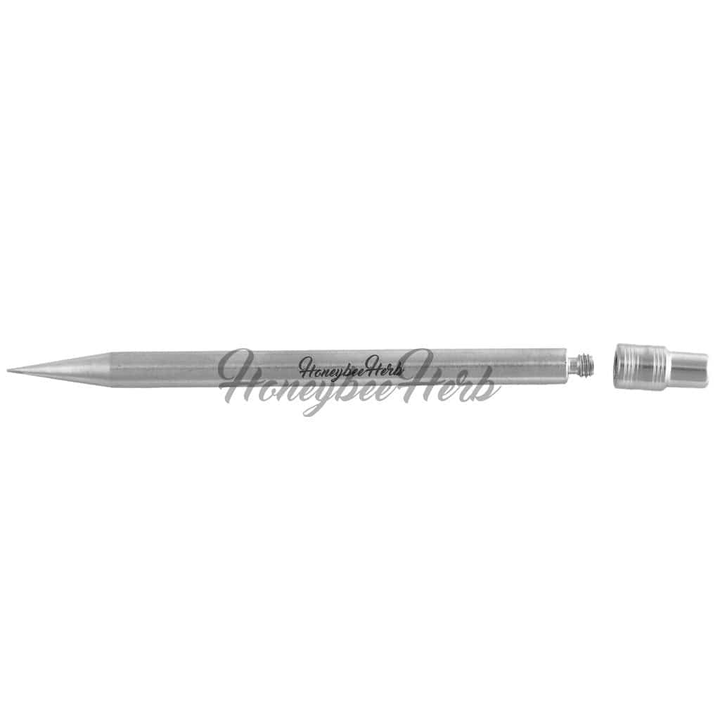 Side view of the disassembled Honeybee Herb Titanium Pencil showing its slim metallic shaft, threaded end, and cap against a white background