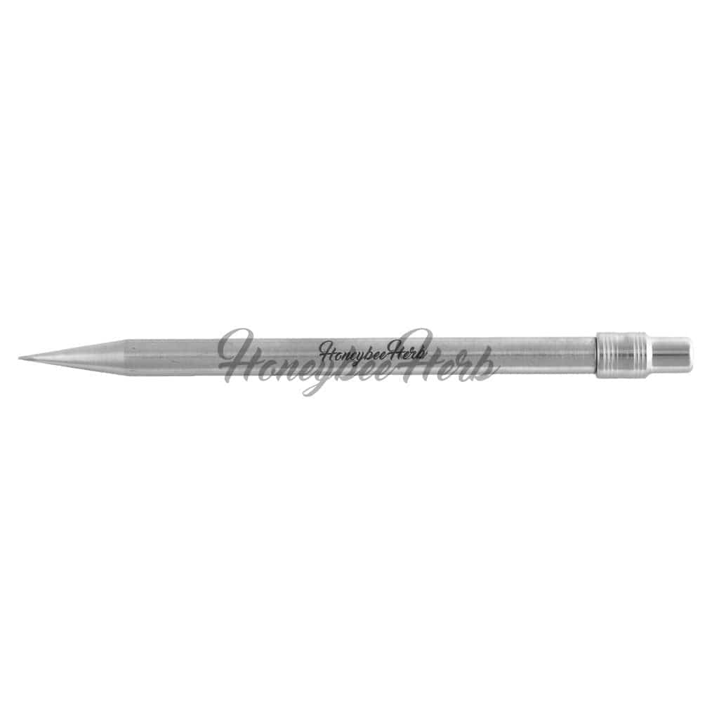 Side-on view of a slim metallic Honeybee Herb Titanium Pencil with a pointed tip at left and threaded cap at right on a white background.