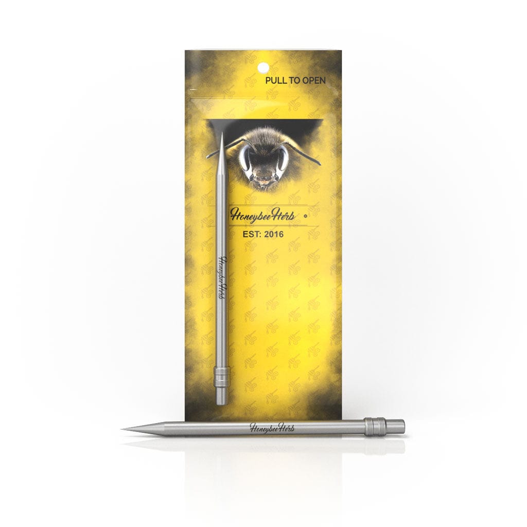 Front-on view of the Honeybee Herb Titanium Pencil against its yellow branded backing card featuring a bee illustration.