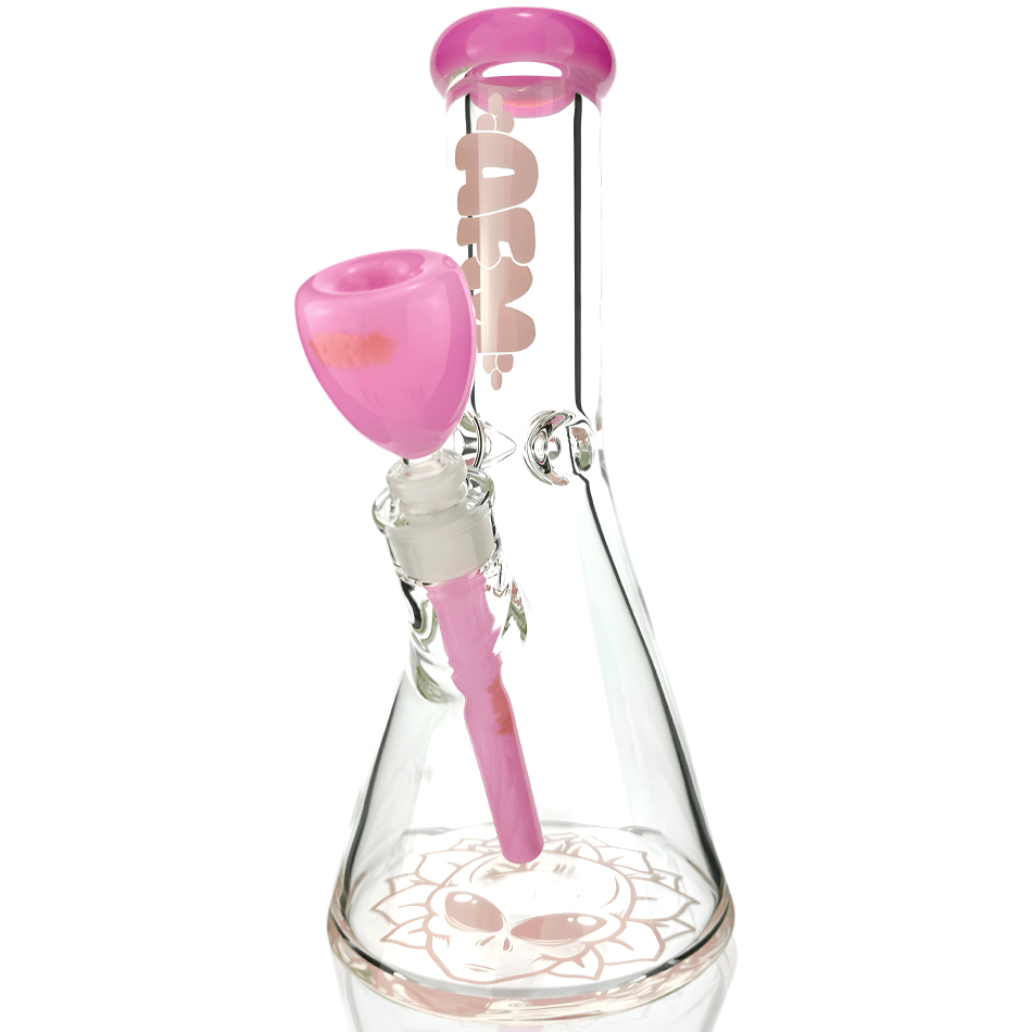 AFM Smoke Bong Pink 12" AFM Glass Chubbi Beaker Clear Colored Lip Beaker Bong Bundle
