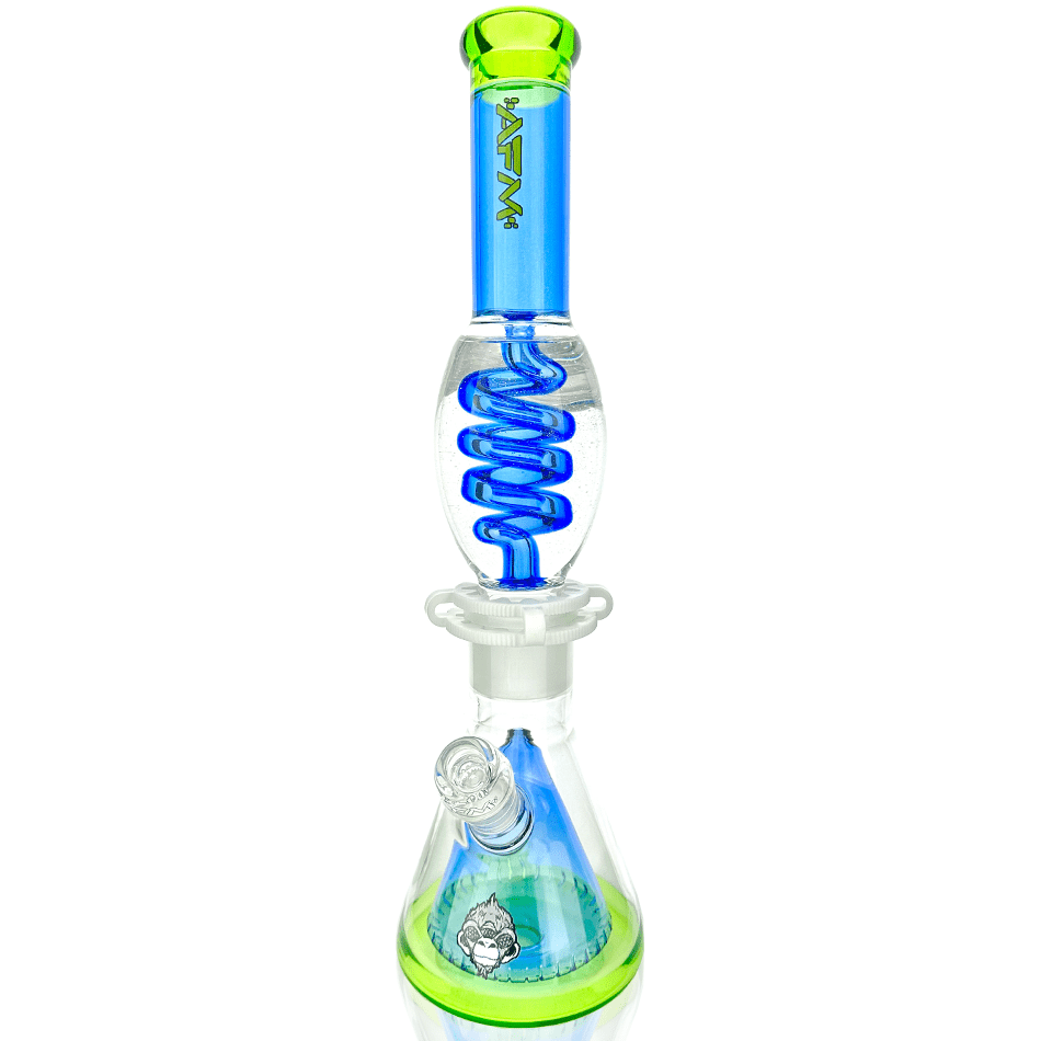 AFM Smoke Bong Ink Blue/ Lime 16" AFM Glass UFO Pyramid Glass Freezable Coil Beaker Bong