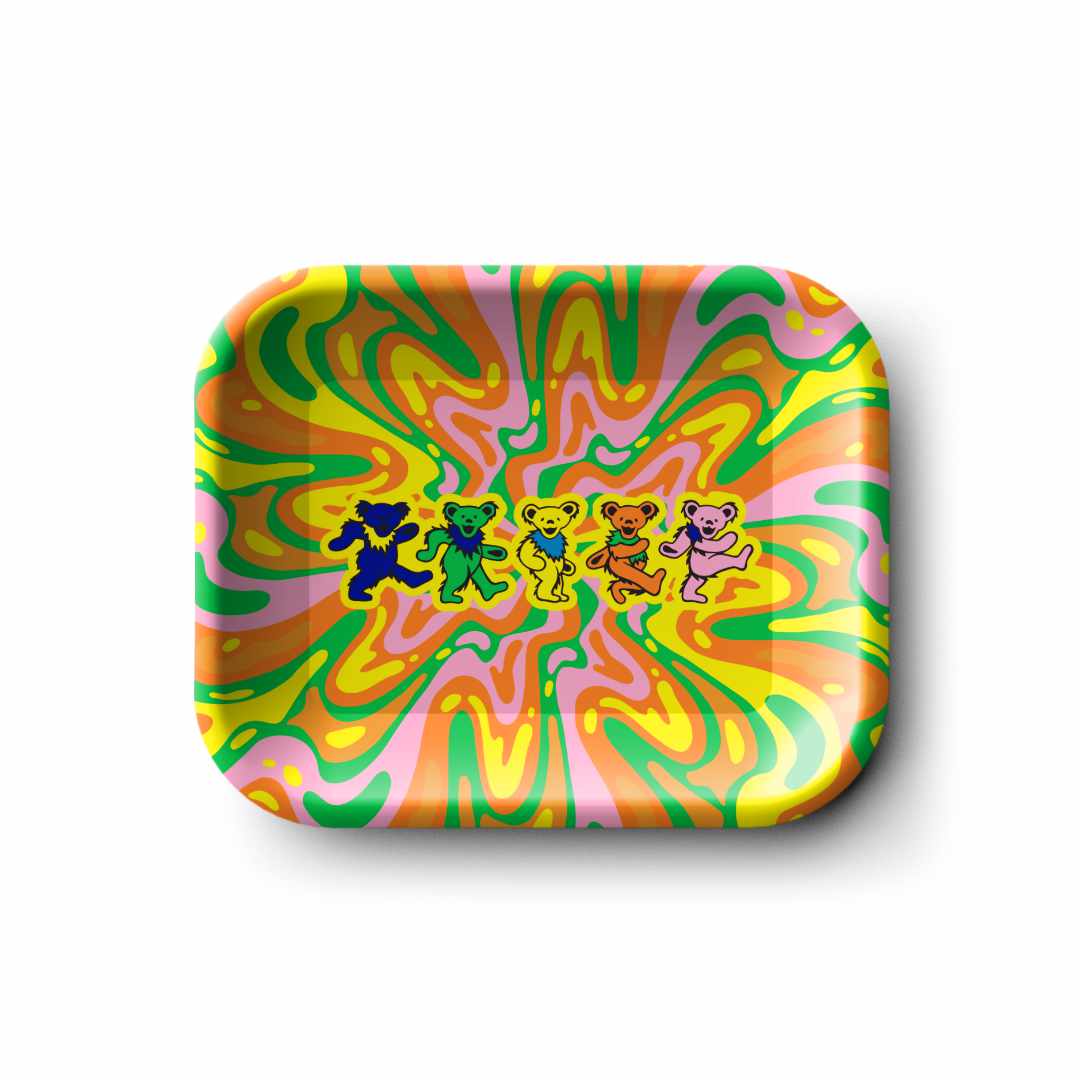 Top-down view of the Blazy Susan Grateful Dead Metal Rolling Tray - Small showing a psychedelic pink, orange, yellow and green swirl pattern with five colorful dancing bears across the center.