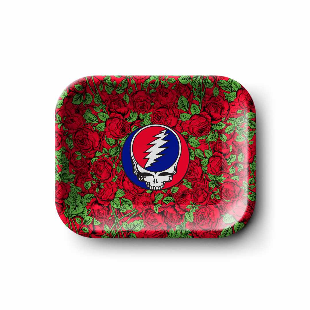 Top-down view of the Blazy Susan Grateful Dead Metal Rolling Tray - Small showing a red rose pattern with a central skull-and-lightning logo.