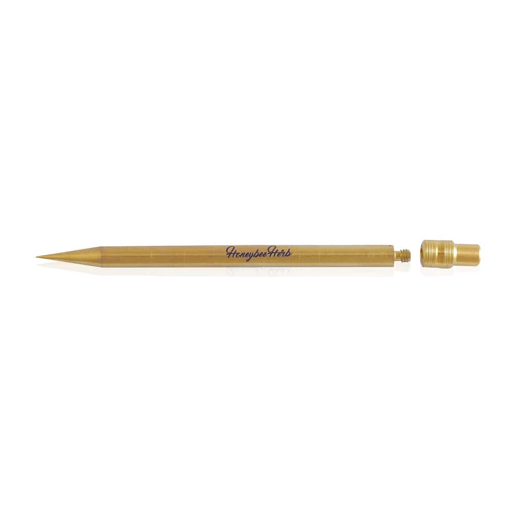 Side view of a gold-toned Honeybee Herb Titanium Pencil with its threaded cap removed and placed beside the pointed tip on a white background.