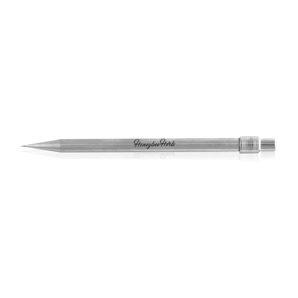 Side-on studio view of the Honeybee Herb Titanium Pencil lying horizontally on a white background, showing its pointed tip, engraved logo, and reflective metallic body.