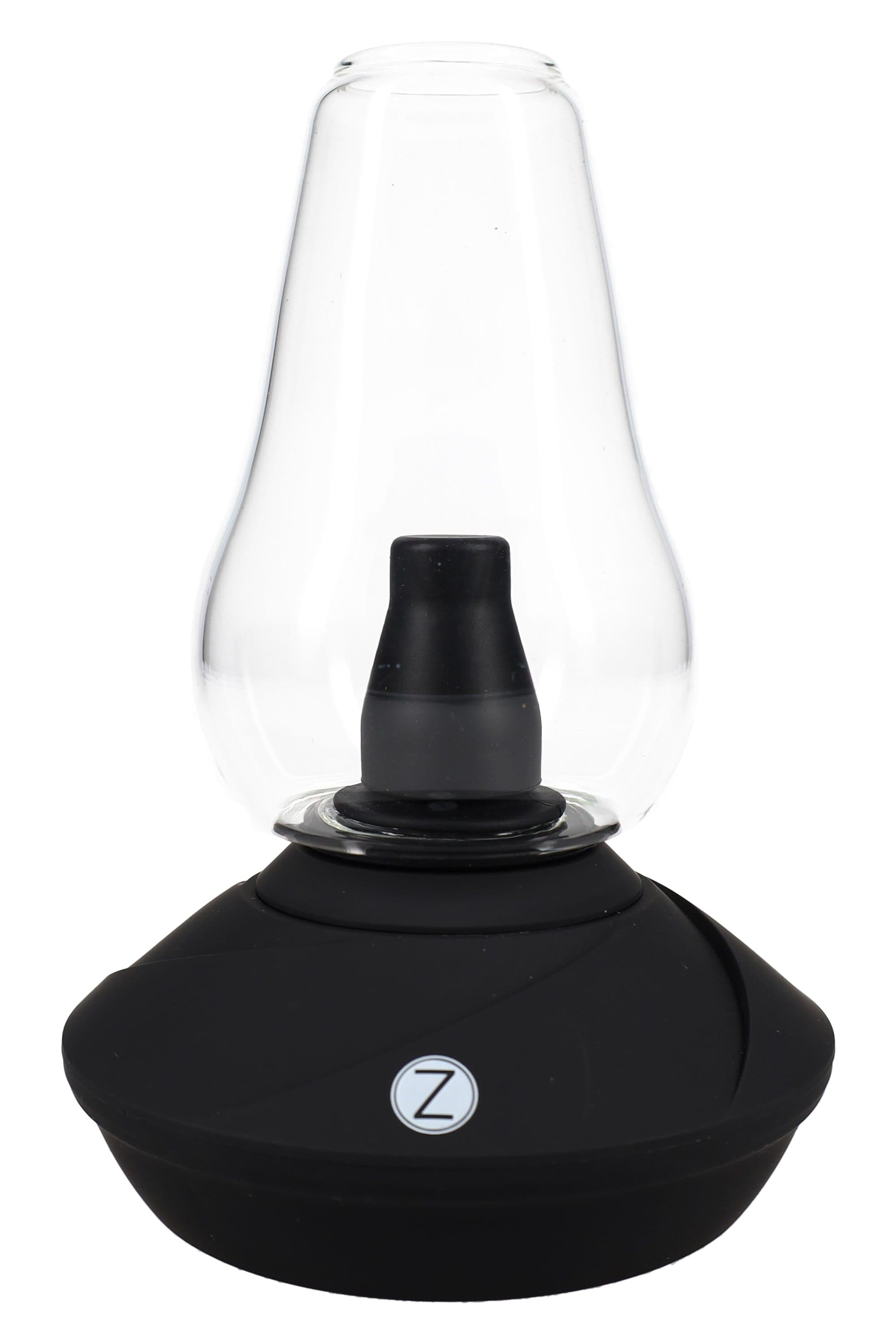 Close-up front view of the Zenco Uno Desktop Vaporizer – Auto-Fill Glass – 4 Heat Settings showing its clear glass bell and matte black base with a centered "Z" logo.