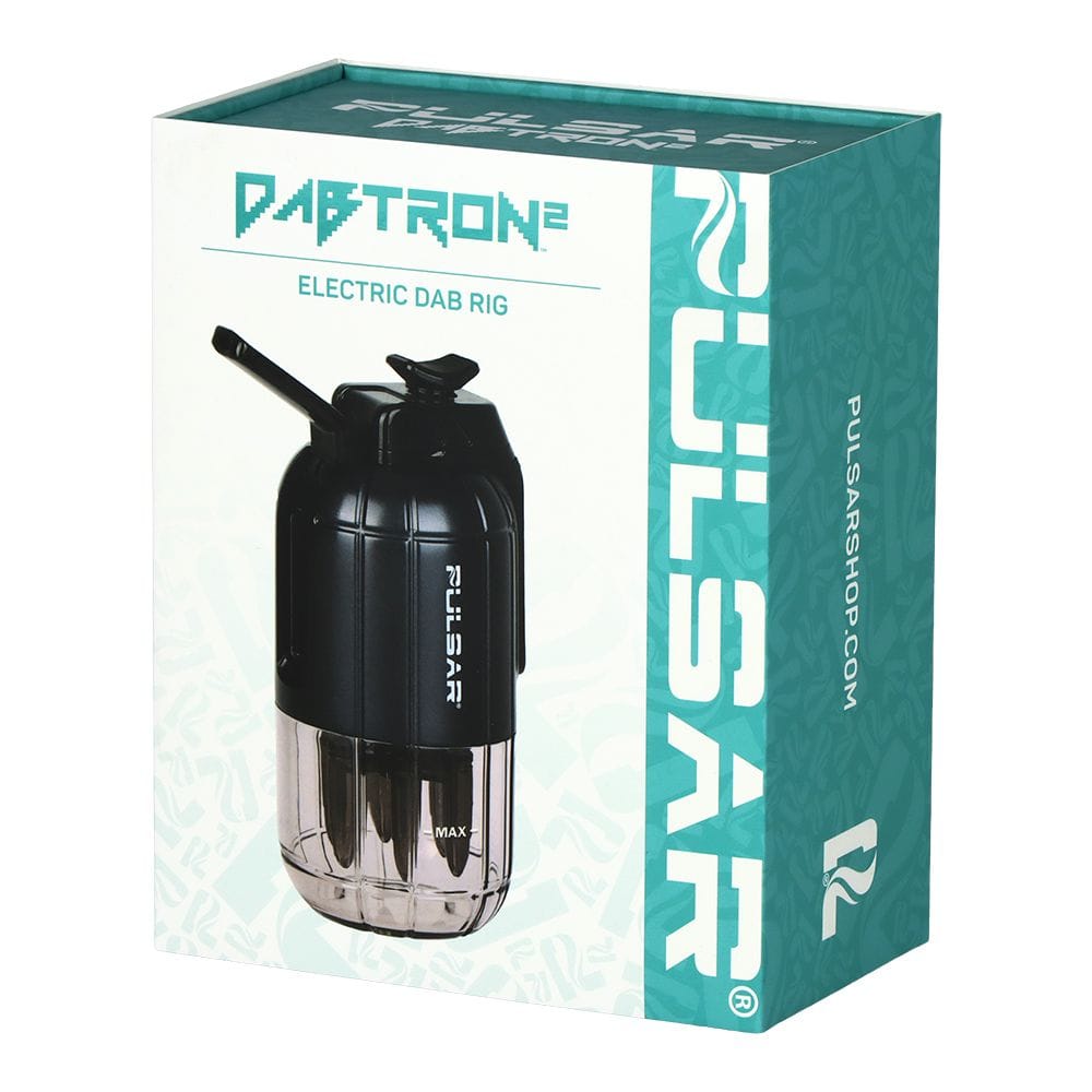 Three-quarter view of the Pulsar Dabtron 2.0 Electric Dab Rig | 1500Mah box showing a teal-white design and a photo of the black rig.