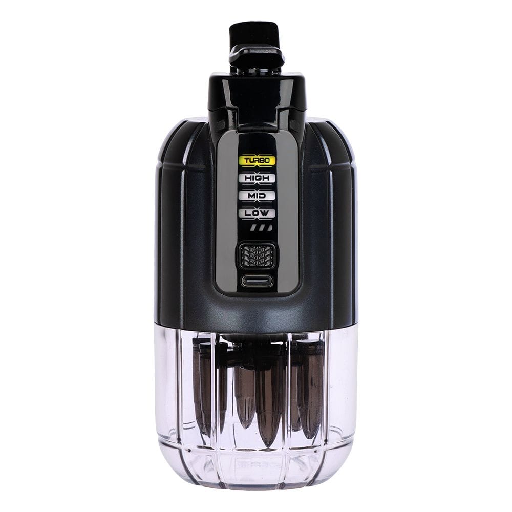 Front-facing view of the black Pulsar Dabtron 2.0 Electric Dab Rig | 1500Mah showing its central control panel, mode LEDs and clear lower chamber.