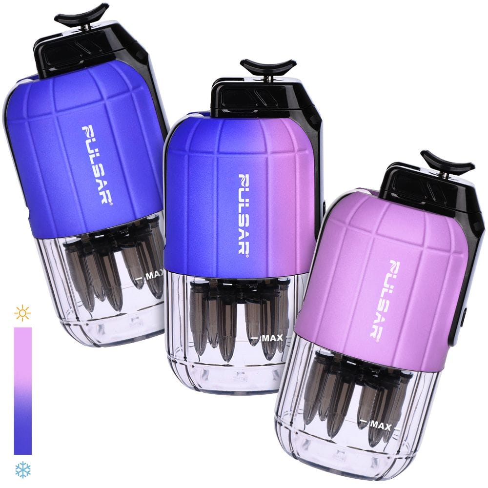 Angled trio view of three gradient purple Pulsar Dabtron 2.0 Electric Dab Rig | 1500Mah units showing textured tops, clear bases with visible atomizer prongs, and white branding.