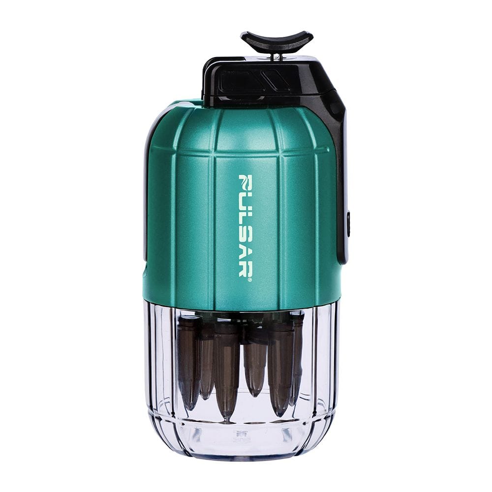 Front-facing studio shot of the teal Pulsar Dabtron 2.0 Electric Dab Rig | 1500Mah showing its rounded top, black accents, vertical logo, and transparent lower chamber.
