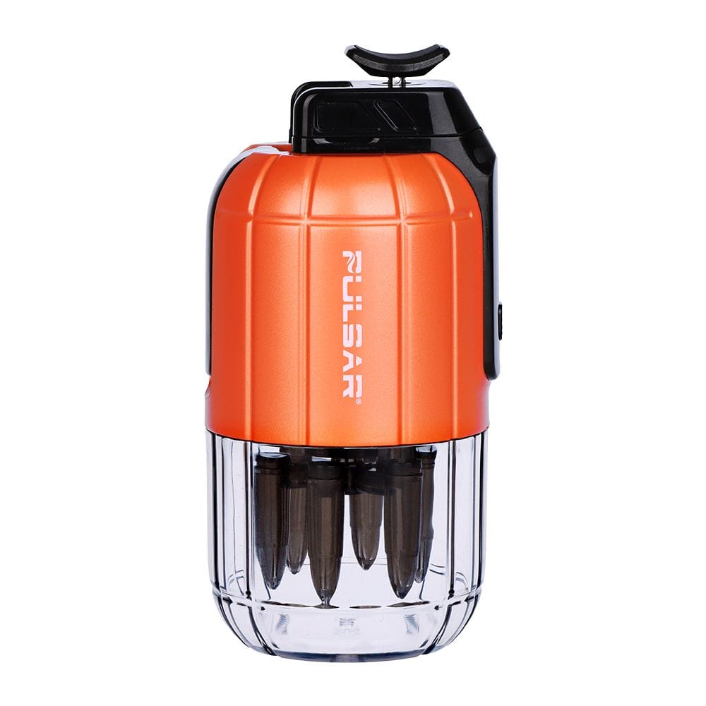 Front view of the orange Pulsar Dabtron 2.0 Electric Dab Rig | 1500Mah against a white background, showing its rounded top, black mouthpiece, and clear lower chamber with visible internal components.