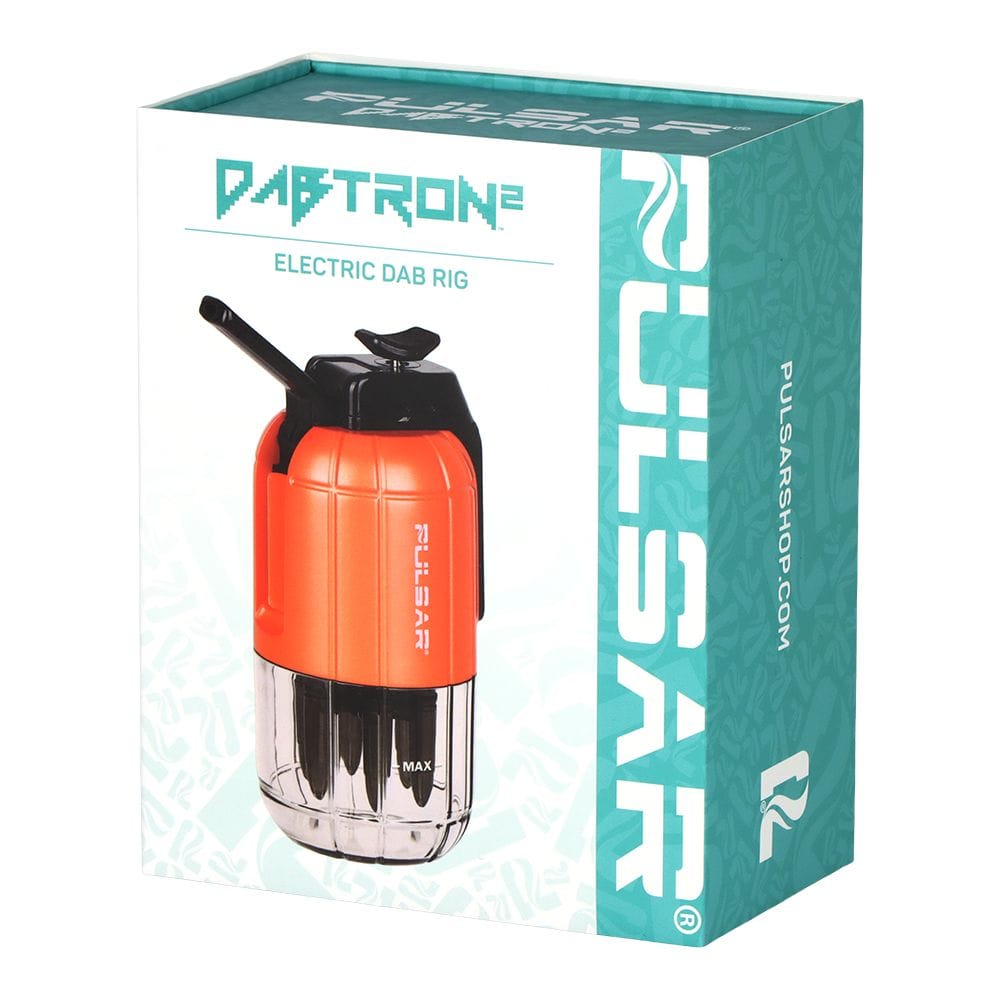 Three-quarter view of the Pulsar Dabtron 2.0 Electric Dab Rig | 1500Mah on its teal-and-white retail box, showing the orange device and clear base.