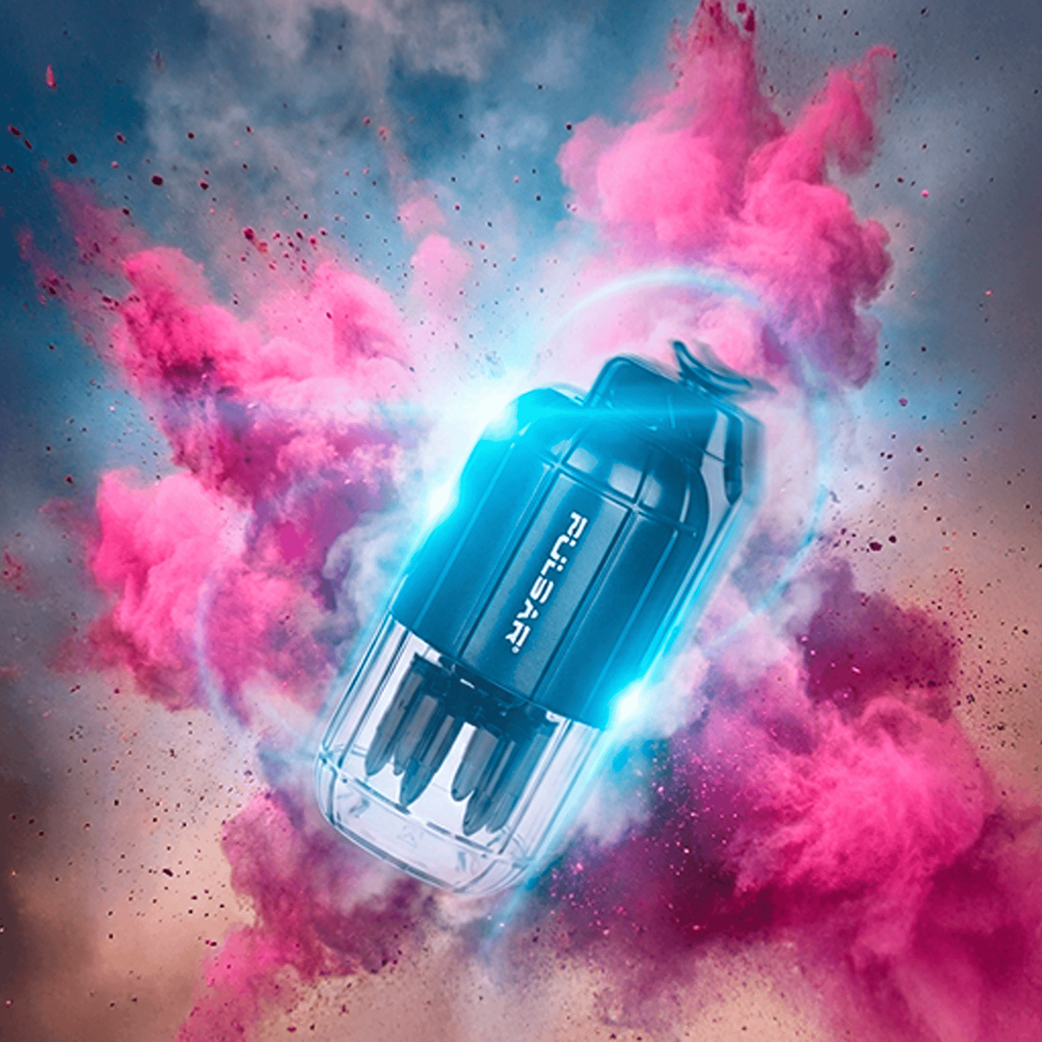 Diagonal close-up of the Pulsar Dabtron 2.0 Electric Dab Rig | 1500Mah glowing cyan against exploding pink smoke.
