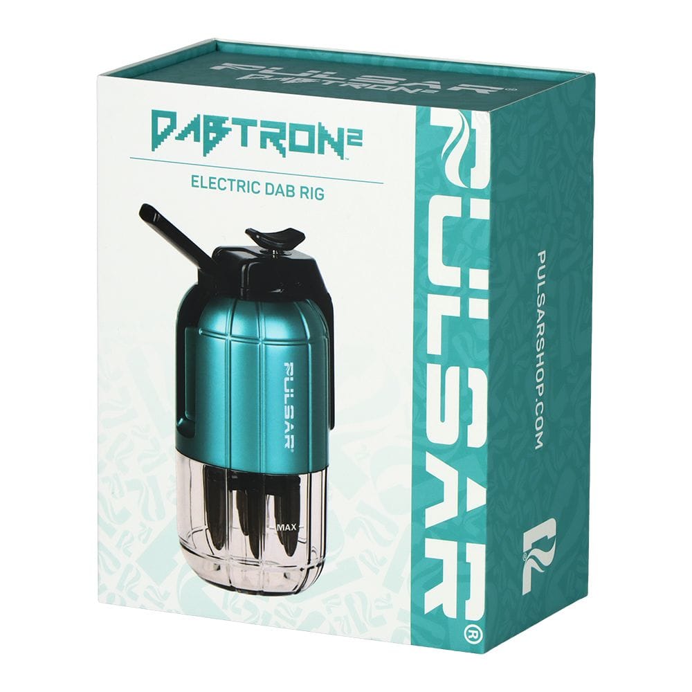 Angled front view of the teal Pulsar Dabtron 2.0 Electric Dab Rig | 1500Mah box showing the product image, teal side panel branding, and white background.