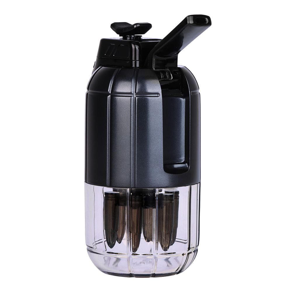 Front three-quarter view of the black Pulsar Dabtron 2.0 Electric Dab Rig | 1500Mah showing its angled mouthpiece, textured upper body and clear lower chamber with visible internals.