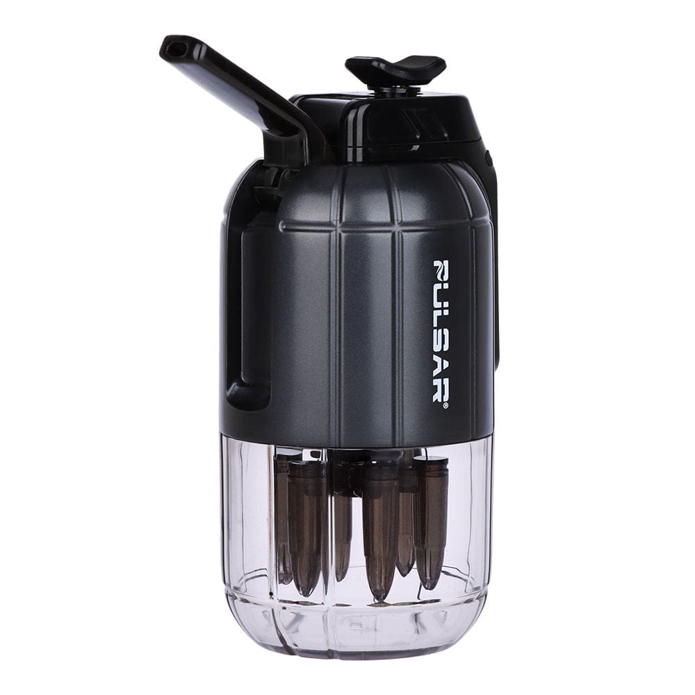 Front three-quarter view of the gunmetal Pulsar Dabtron 2.0 Electric Dab Rig | 1500Mah showing its top mouthpiece, ridged body with Pulsar logo, and transparent lower chamber revealing internal components