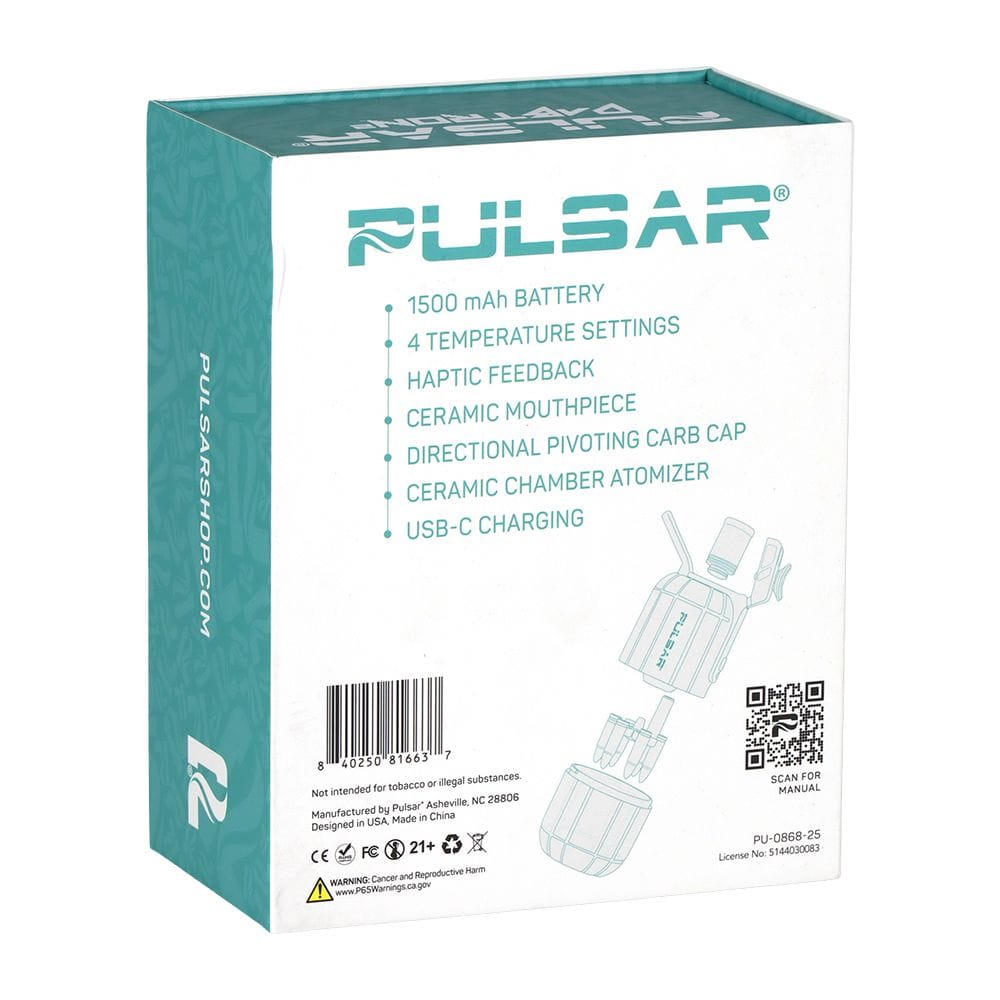 Rear three-quarter view of the white and teal Pulsar Dabtron 2.0 Electric Dab Rig | 1500Mah box showing feature text, barcode, and a line drawing of the device.