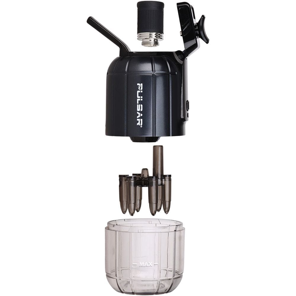 Exploded front view of the Pulsar Dabtron 2.0 Electric Dab Rig | 1500Mah showing the black top unit, middle cartridge cluster, and clear collection cup on a white background