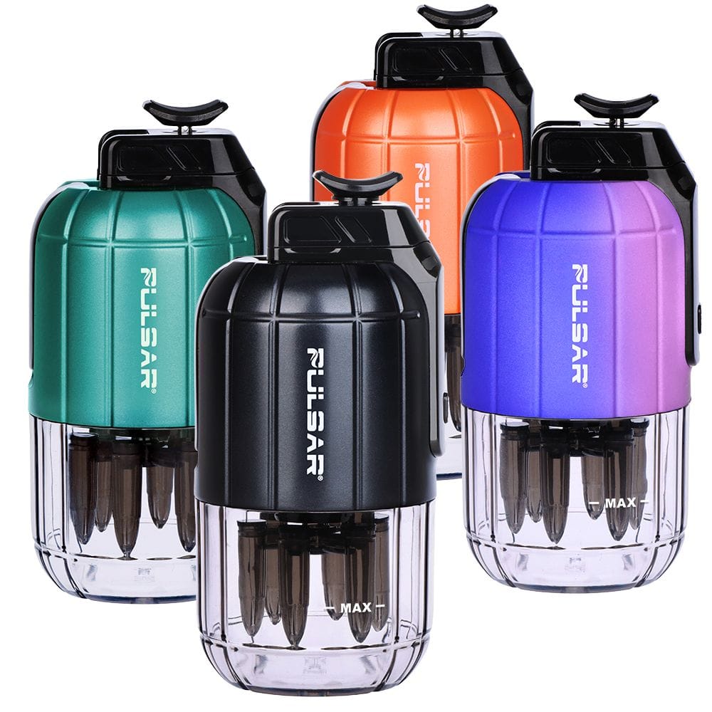 Front three-quarter view of four colorful Pulsar Dabtron 2.0 Electric Dab Rig | 1500Mah units showing clear chambers and knurled tops.