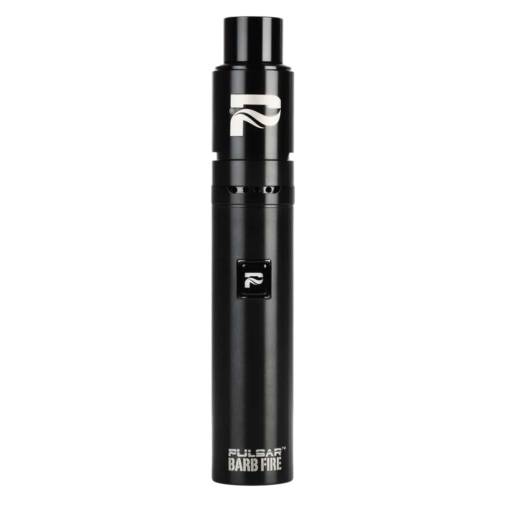Straight-on studio shot of the Pulsar Barb Fire Variable Voltage Wax Vaporizer in black, centered on a white background.